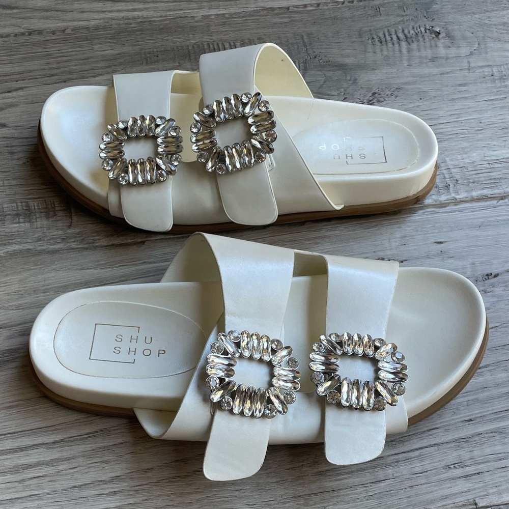 ShuShop Bridget Slide Sandals Cream/Rhinestone Buckle Bridal Feminine Fun SZ 7.5 - Picture 2 of 12